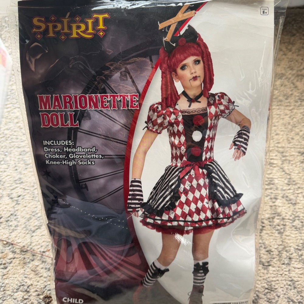 Spirit Halloween Marionette Doll Costume Child Large 12-14 Red Black Harlequin